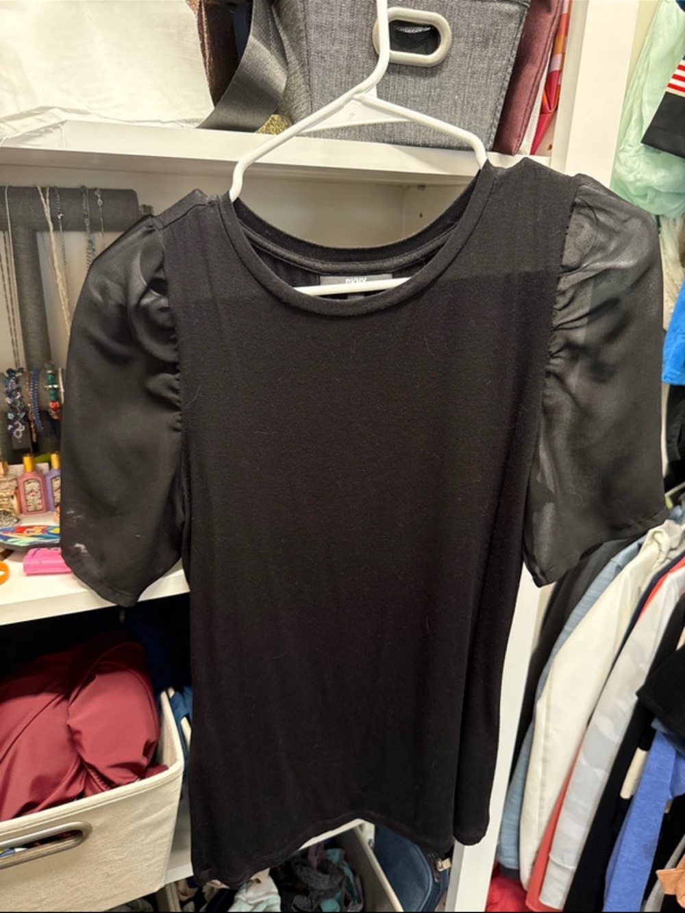 Dkny Black Short Sleeve Top with Sheer Puff Sleeves
